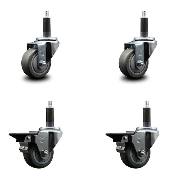 3'' Gray Poly Wheel Swivel 1'' Expanding Stem Caster Set 2 Brakes, 4PK